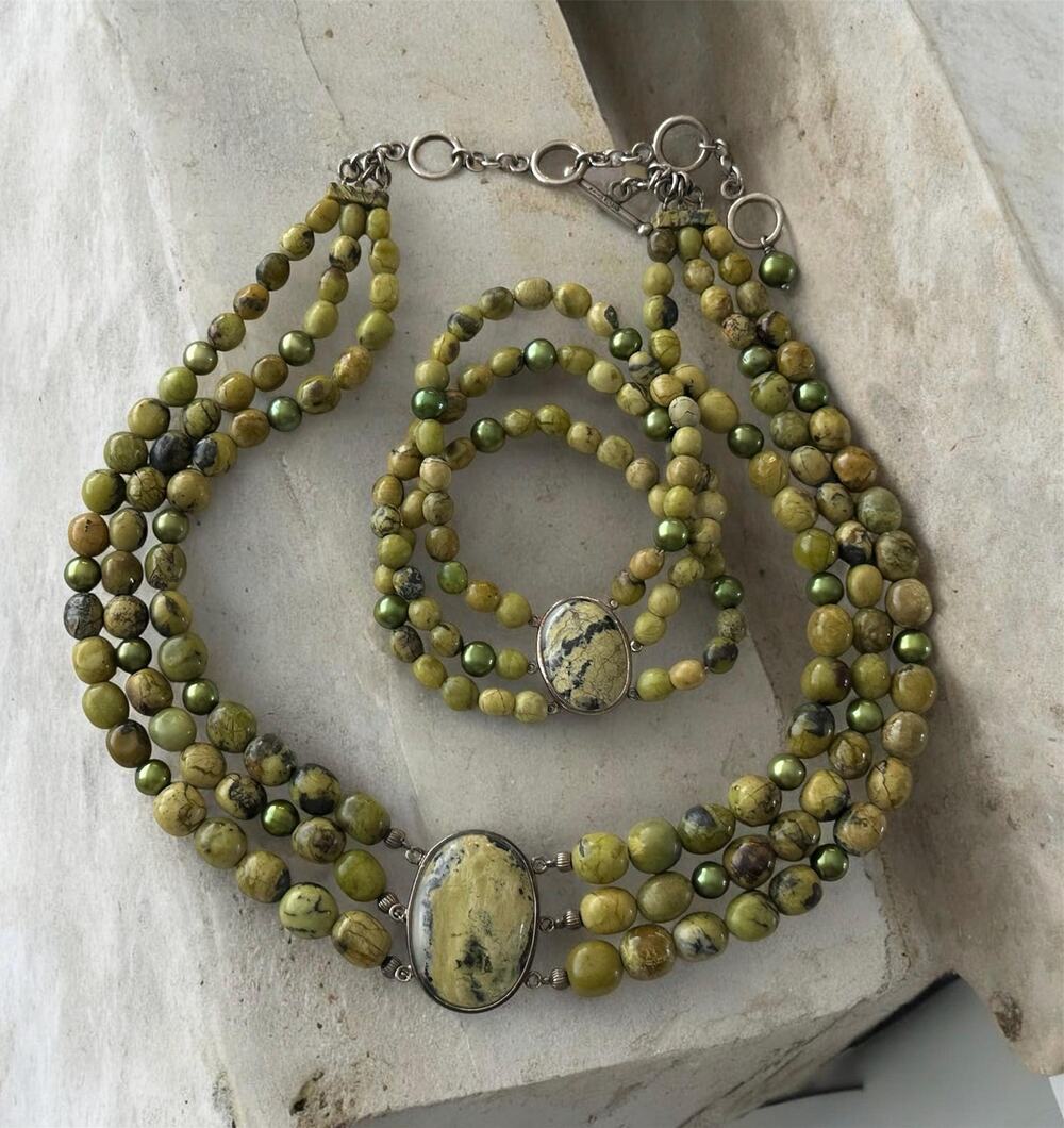 Green Jasper Sterling Silver Multi-Strand Necklace Bracelet Set (17-20 Inch)